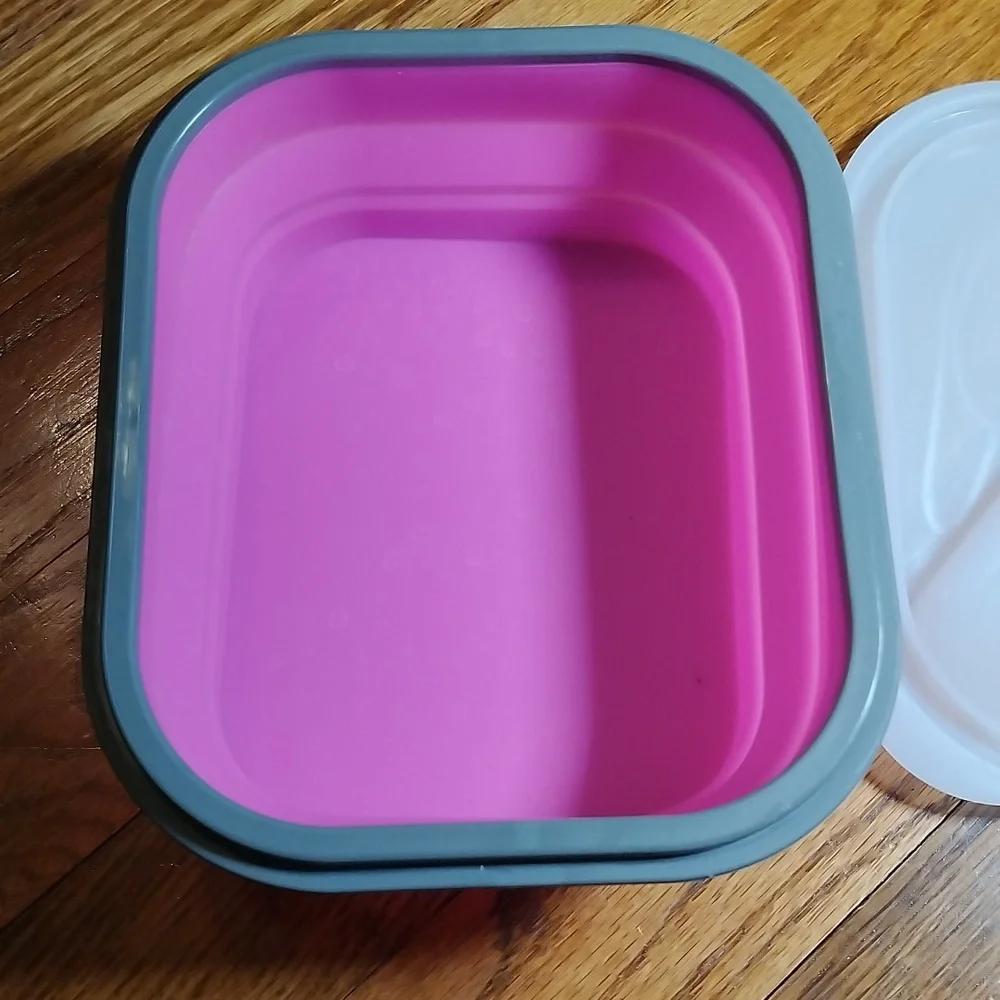 Pink Silicone Collapsible Lunch Dish with Lid & Utensil.